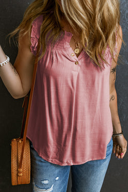 Pink Tank Tight abotonado con cuello dividido y borde de volantes