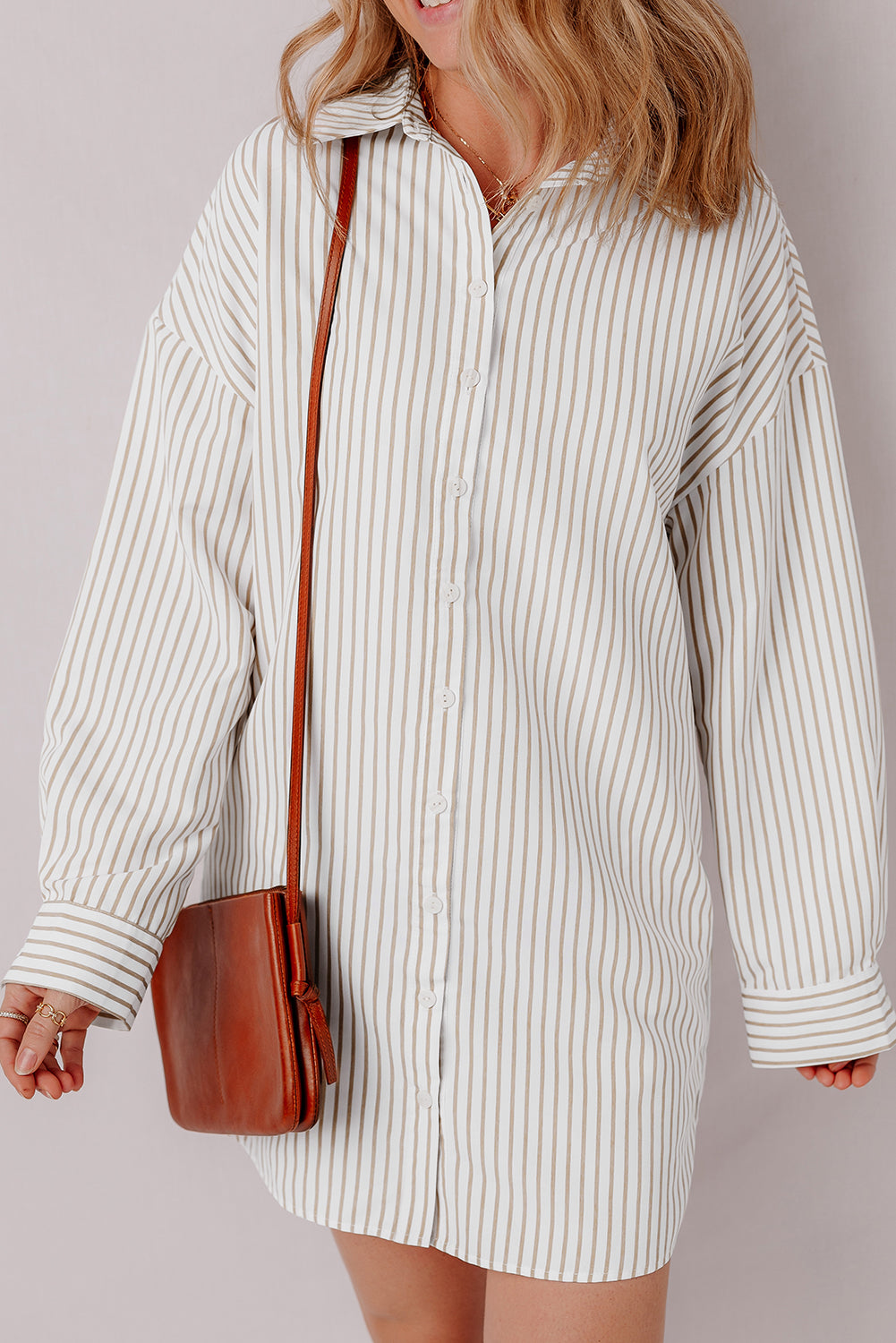 Khaki Striped Long Sleeve Button Down Shirt Mini Dress