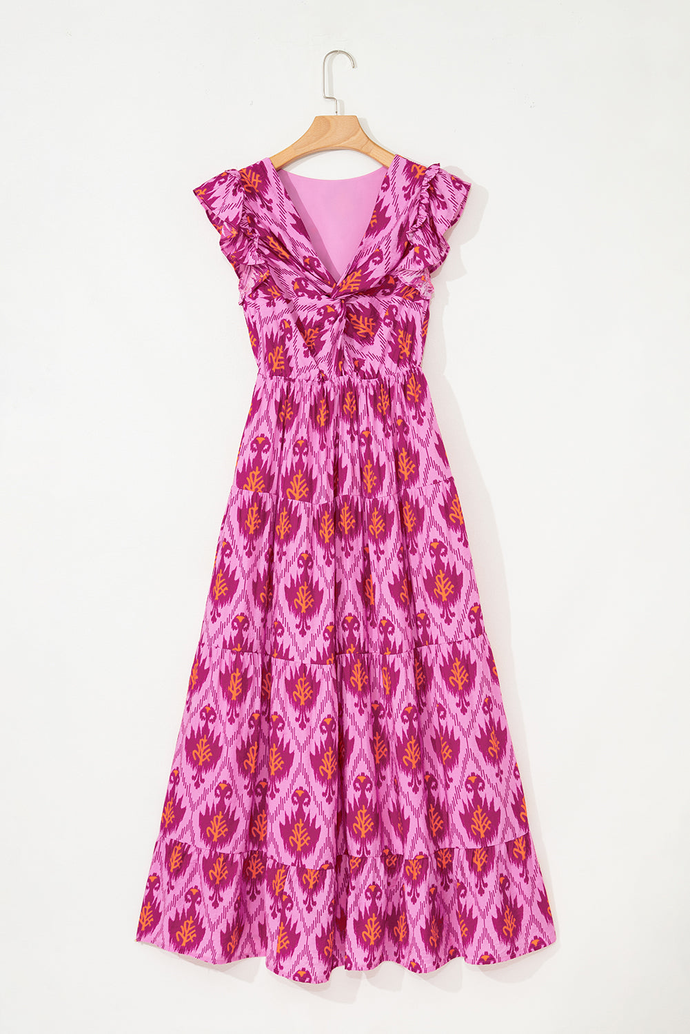 Robe longue à manches volantées et torsadées sur le devant à imprimé rétro Bonbon