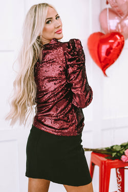 Burgundy sequin top with high neck and puff sleeves