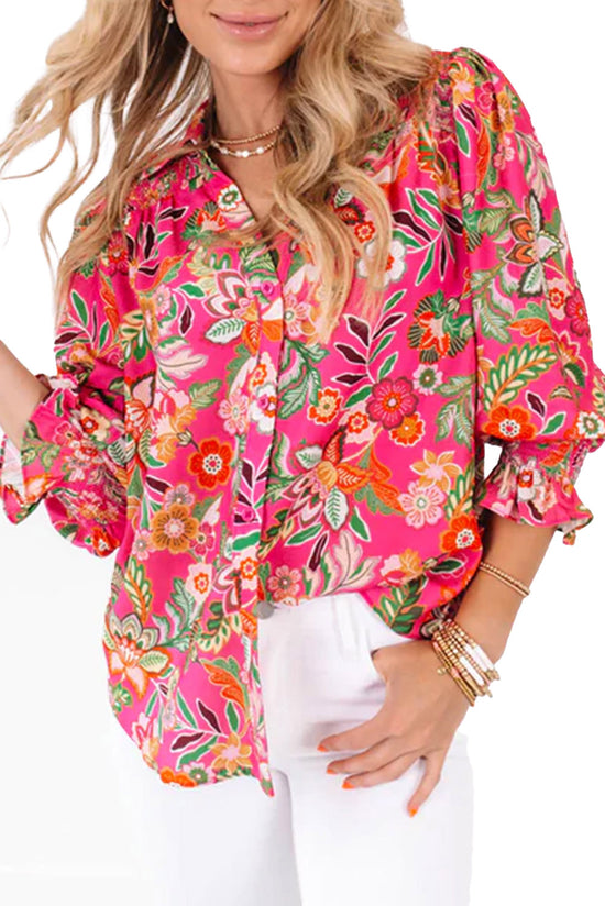 Floor sleeve shirt and smocked cuffs with pink floral print print