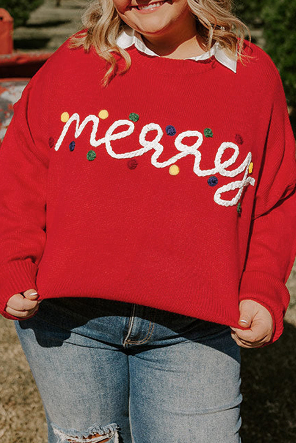 Pull de Noël rouge vif avec motif joyeux Noël, grande taille