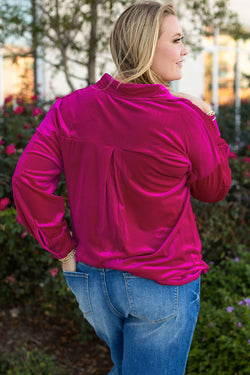 Chemise à épaules tombantes et poche poitrine en velours rose vif de grande taille