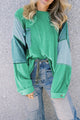 Green Colorblock Stitching Patchwork Button-Up Long Sleeve Top