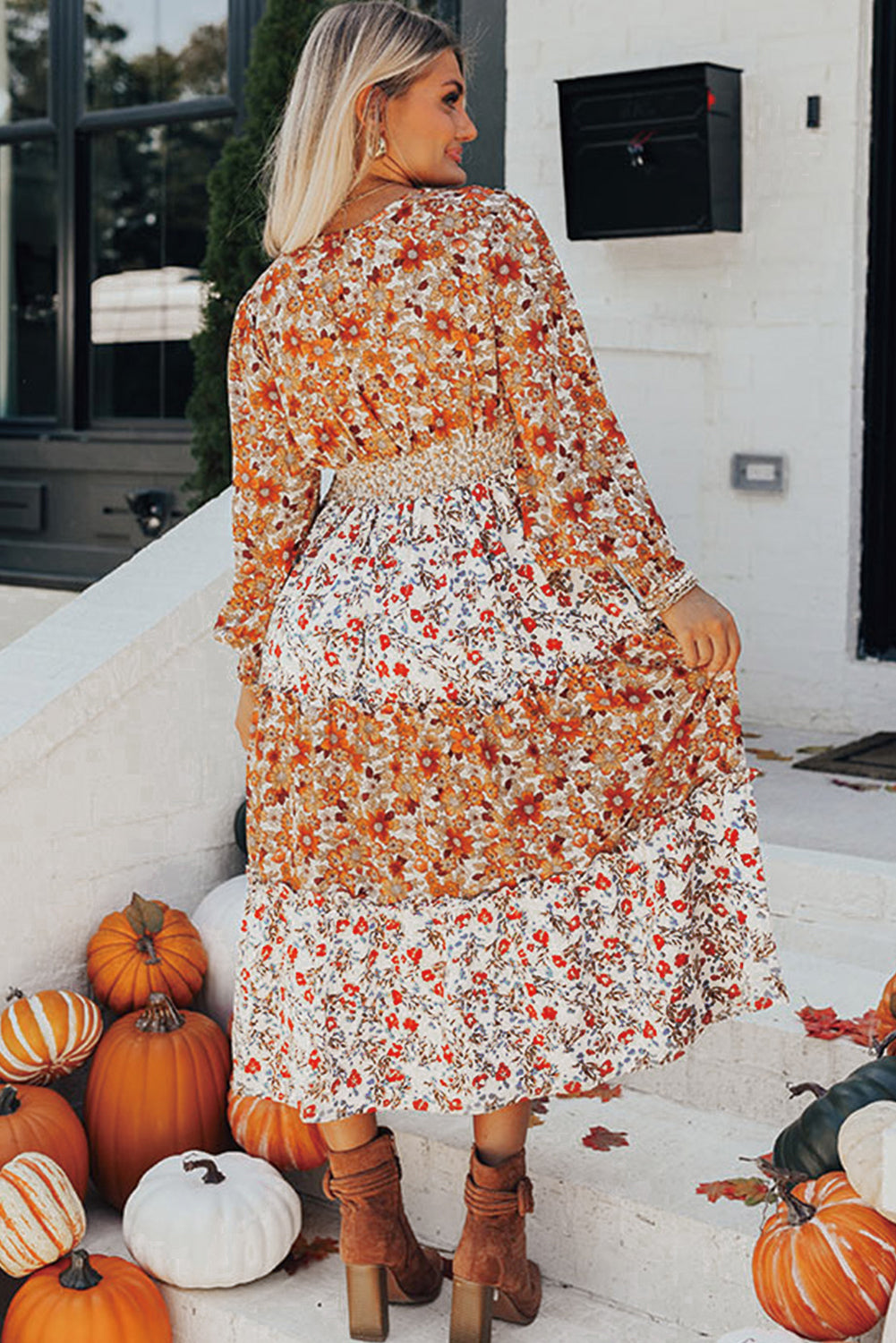 Khaki Floral Print Ruffle Midi Dress with Long Sleeves and V-Neck