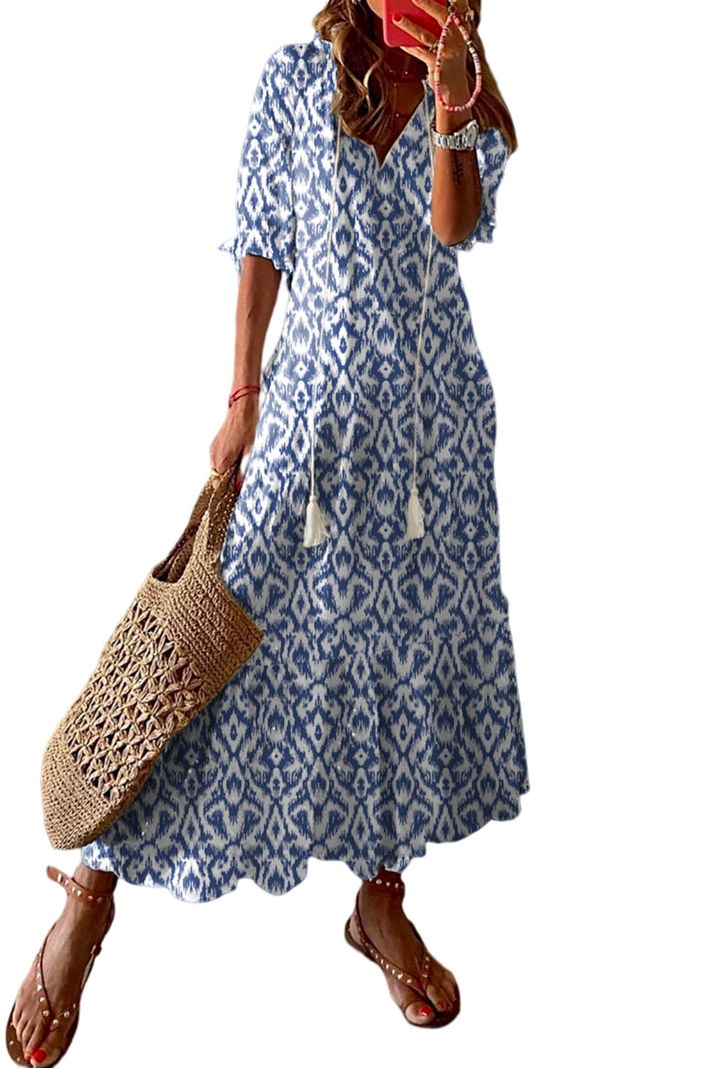 Sky Bleu V Neck Casual Casual Geometric Print Maxi Robe