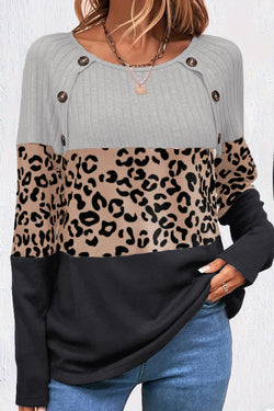 Grey Cheetah Textured Patchwork Button-Down Crew Neck T-Shirt