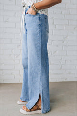 Jean à taille haute avec cordon de serrage bleu