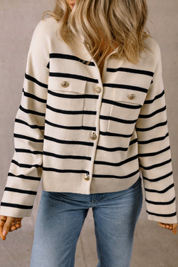 Black striped button cardigan with flap pocket