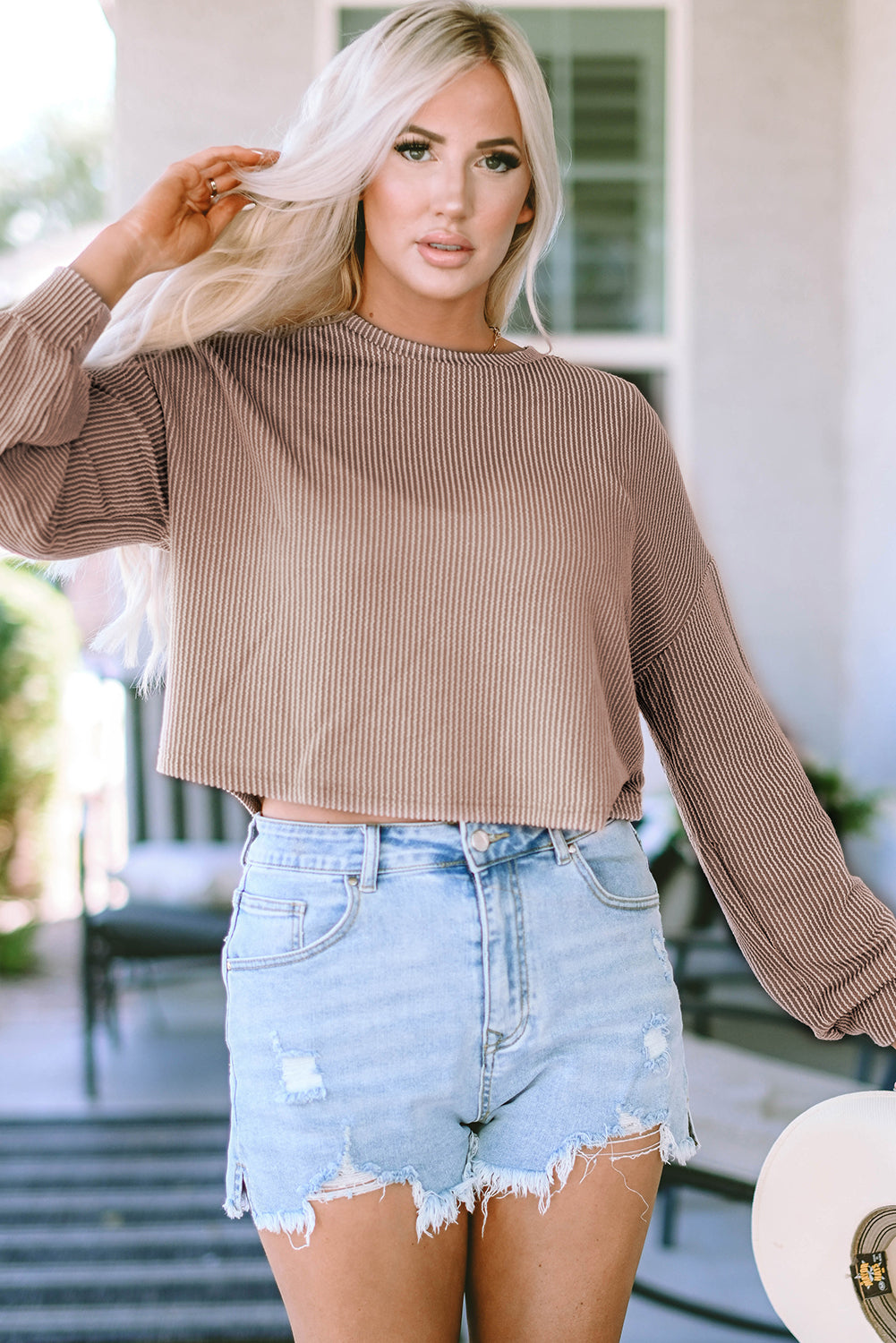 Khaki Cording Drop Schulterpuffhülle Casual Long Sleeve Top