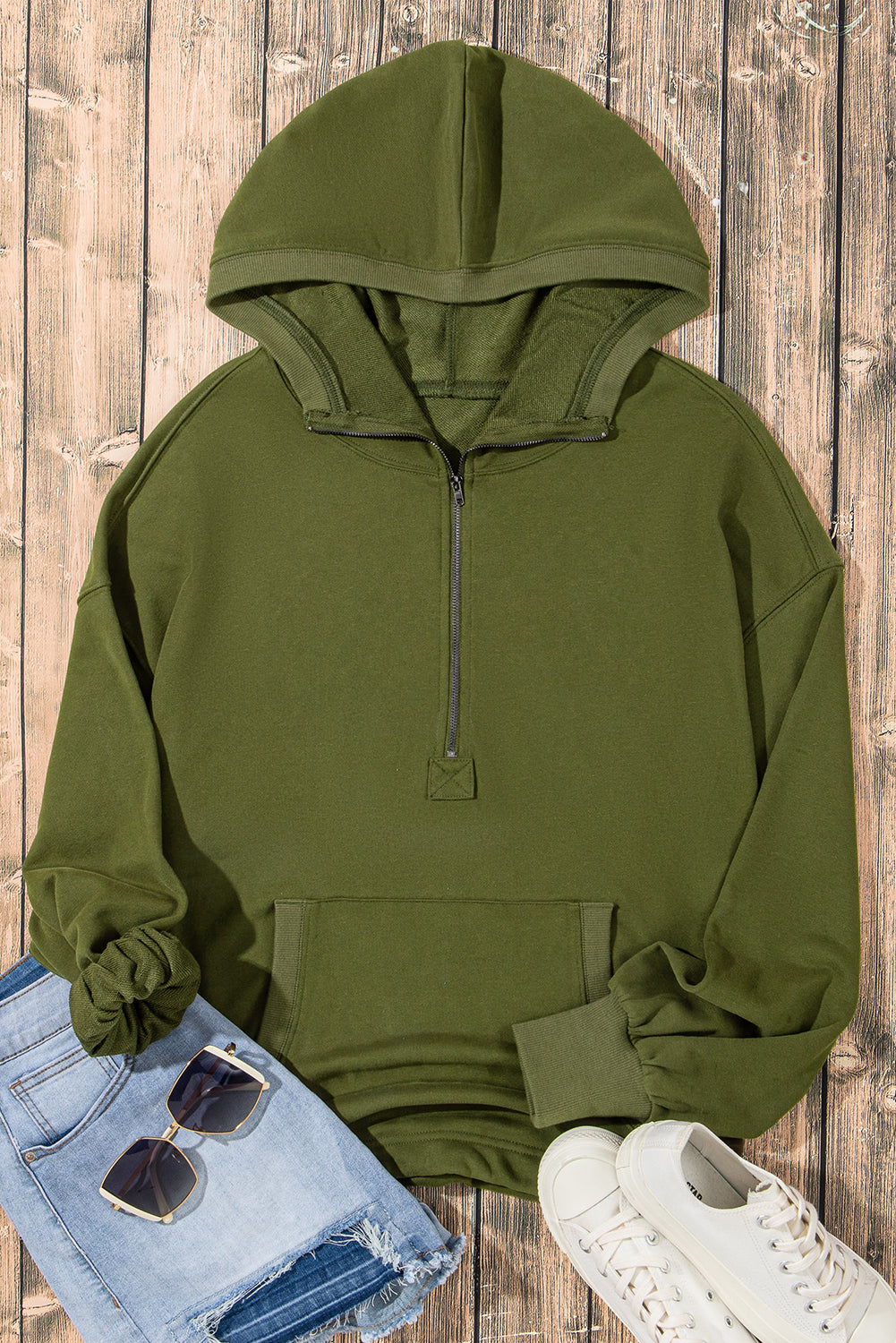 Moss Green Solid Kangaroo Pocket Half Zipper Sampalie de gran tamaño