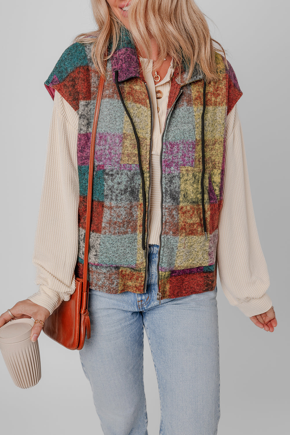 Gilet ample zippé à imprimé écossais multicolore avec poches latérales