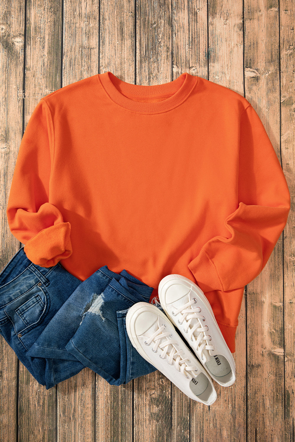 Sweat-shirt en tissu éponge à épaules tombantes et doublure en polaire uni orange roux