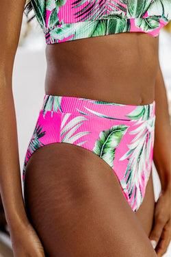 Bas de bikini texturé à imprimé tropical rose