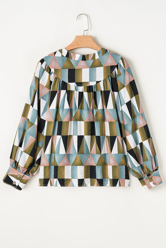 Ballooned Green Geometric Print Greek Sleeve Shirt