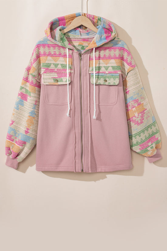 Light Pink Aztec Patch Hooded Zip Up Jacket with Drawstring