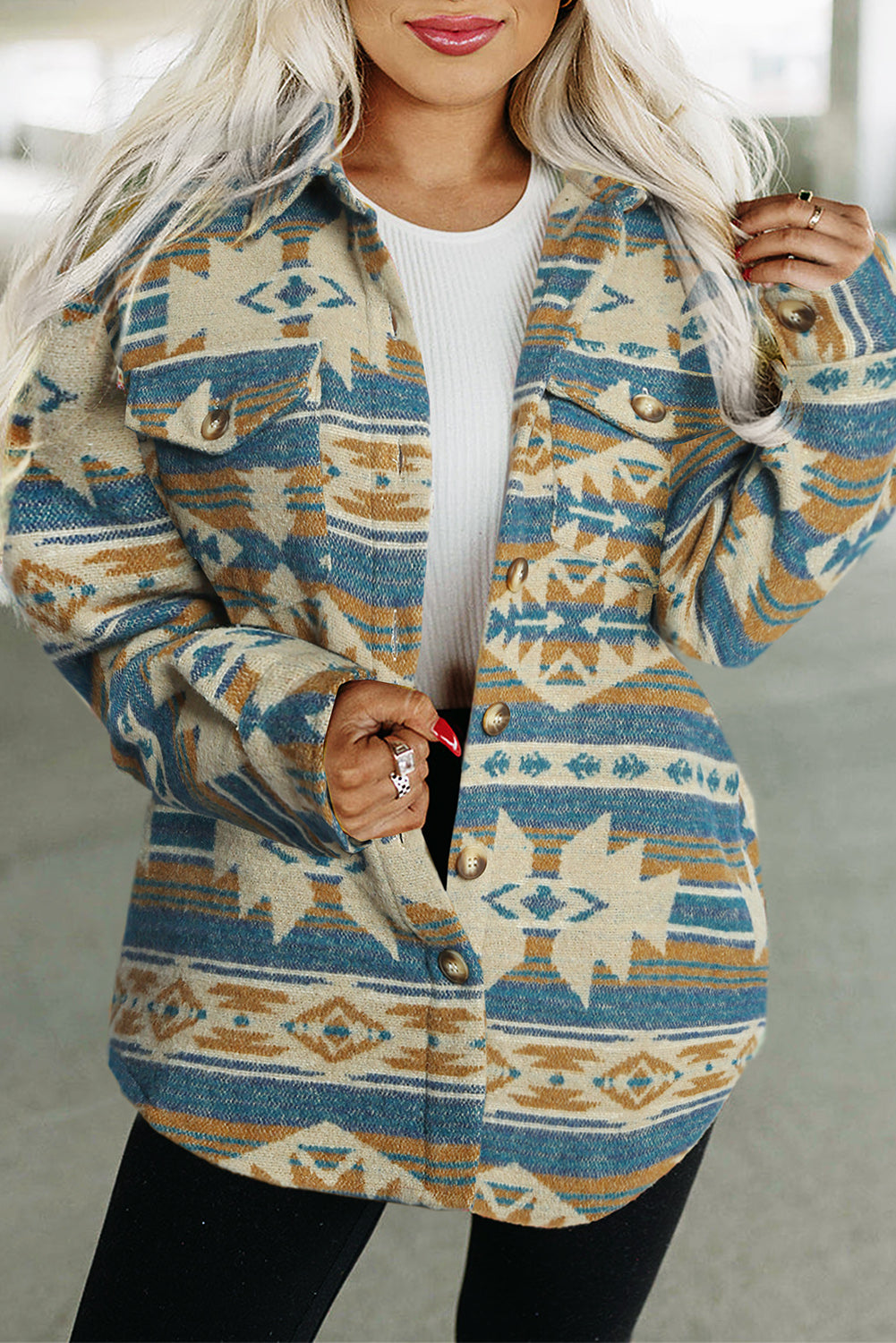 Blue jacket with flap pocket and western aztec print