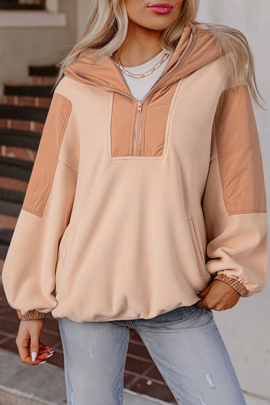 Sweat à capuche Sherpa surdimensionné à demi-zip et patchwork beige clair français