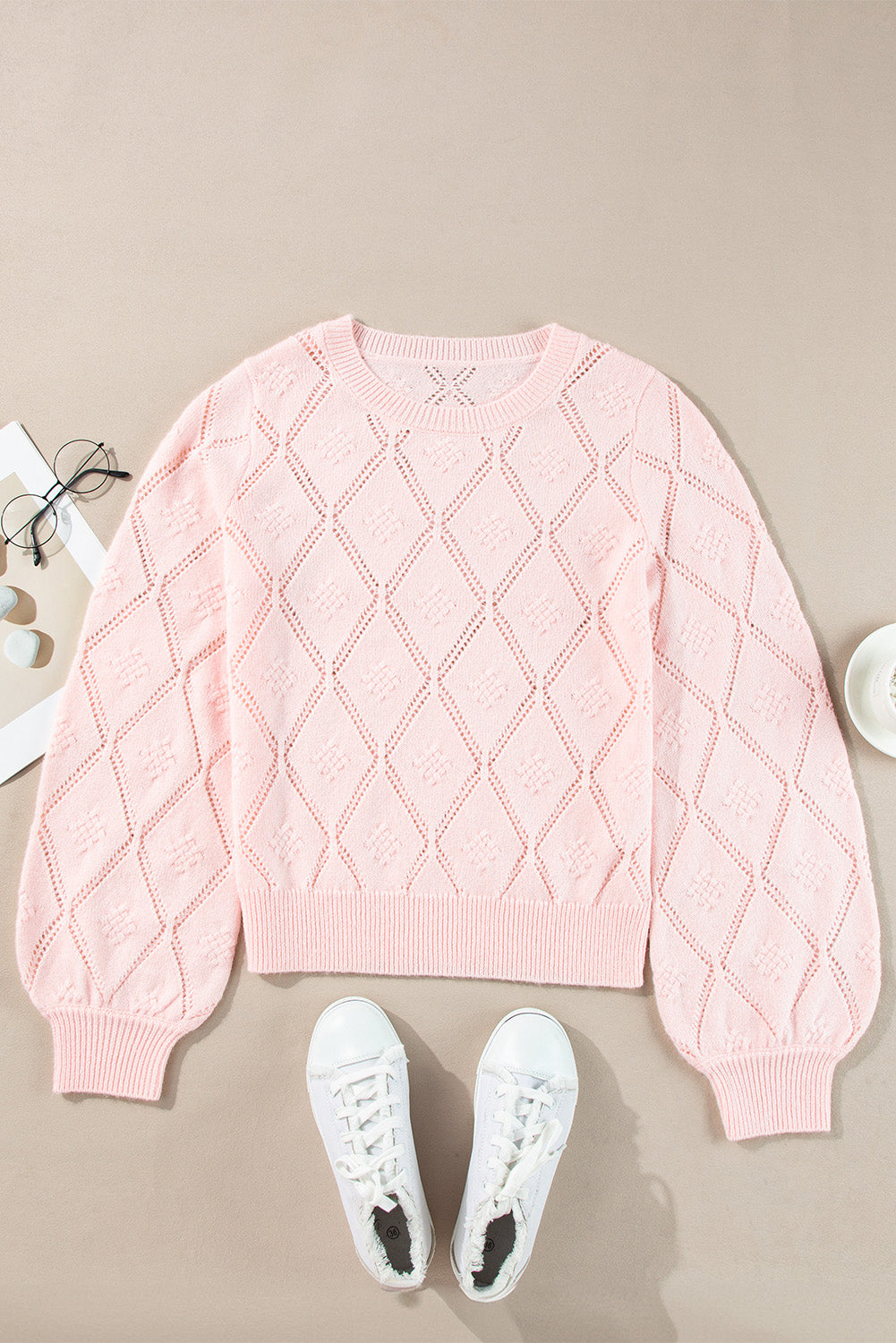 Gossamer Pink Openwork Plaid Puff Sleeve Cropped Sweater