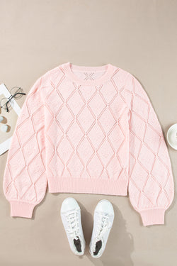 Gossamer Pink Openwork Plaid Puff Sleeve Cropped Sweater