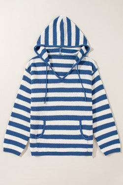 Blue Striped V-Neck Drawstring Hoodie with Pockets