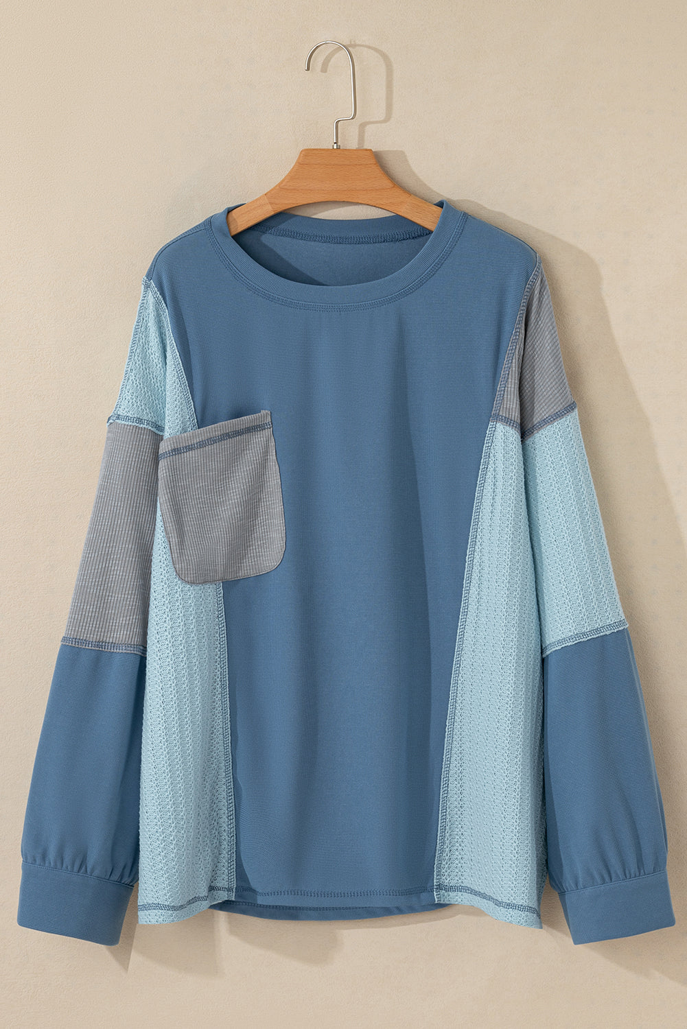 Twilight Blue Color Block Stitching Patchwork Button Up Long Sleeve Top