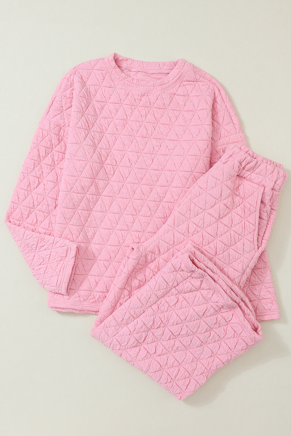 Pink plain quilted sweater and pants outfit