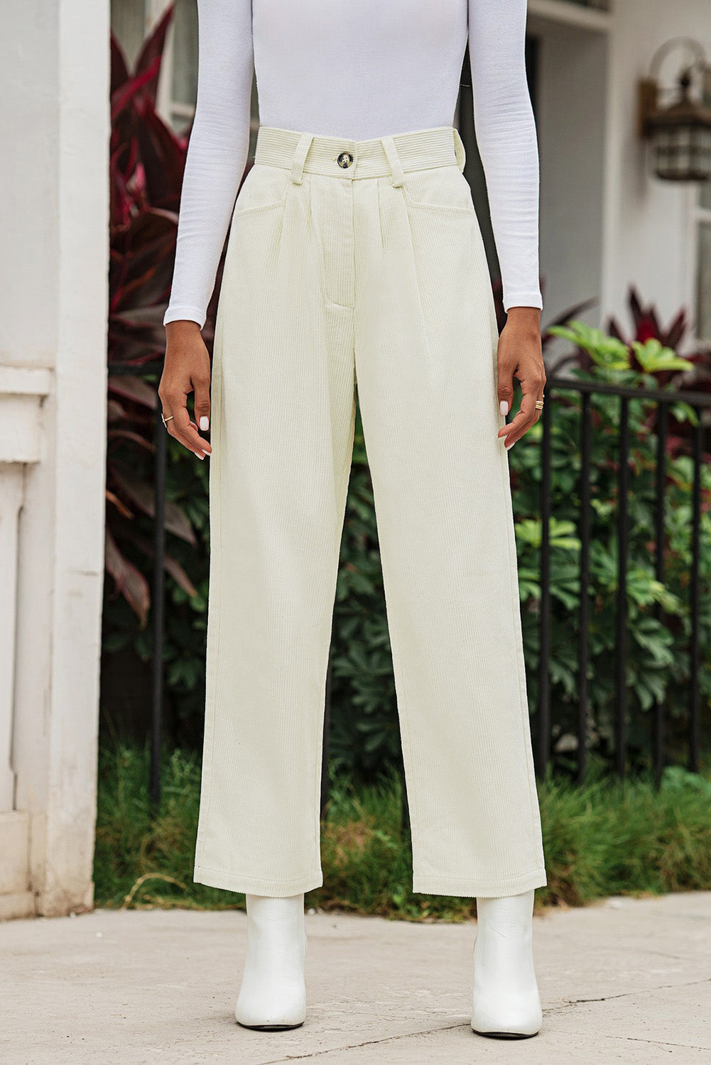 Beige corduroy high waist straight pants