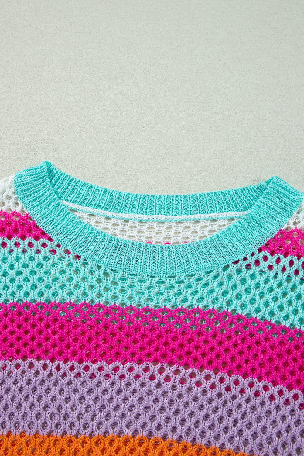 Pink Red Color Block Patchwork Knit Eyelet Sweater