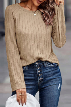 Khaki Ribbed Long Sleeve Crew Neck Knit Top