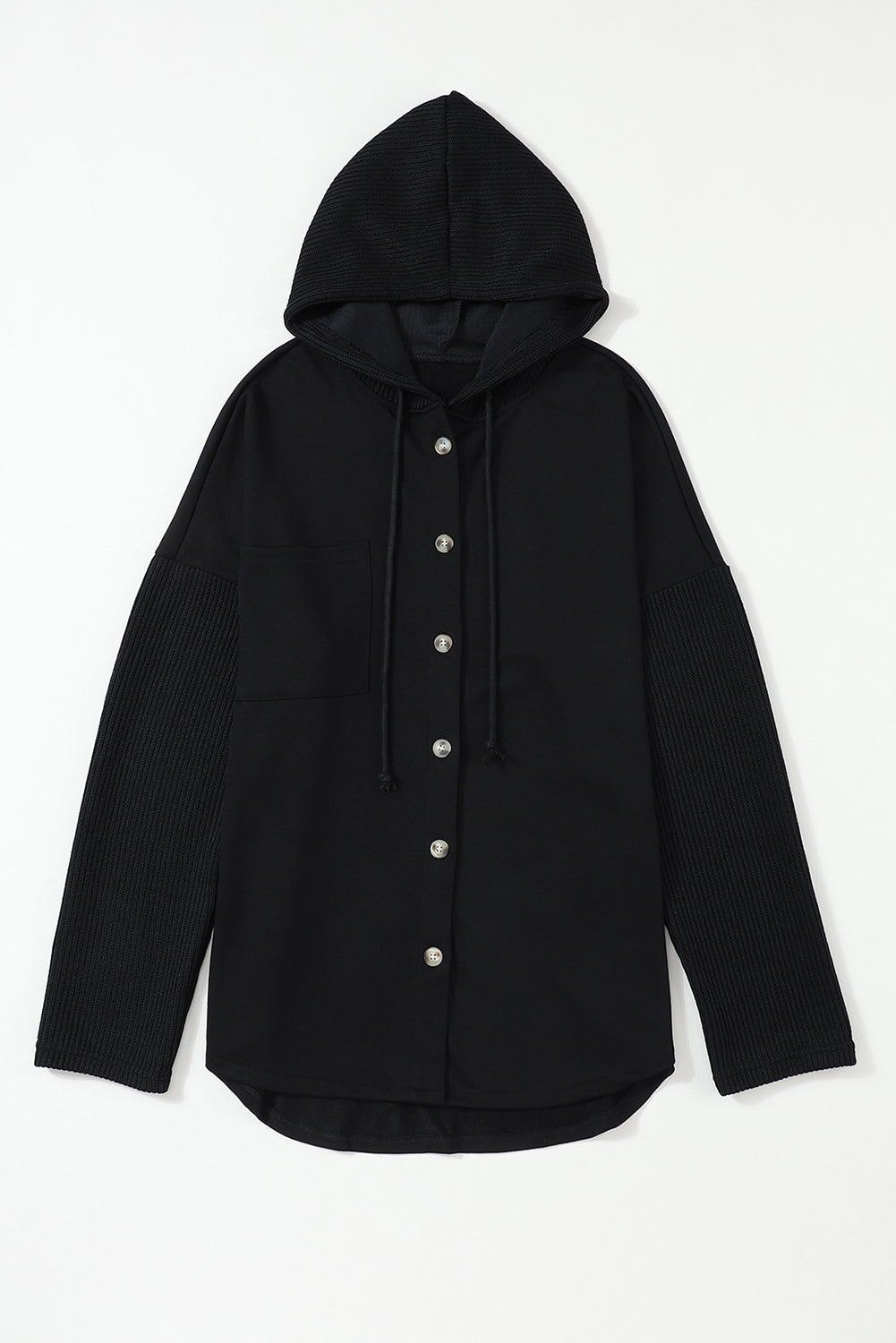 Veste à capuche noire boutonnée à manches tricotées contrastées