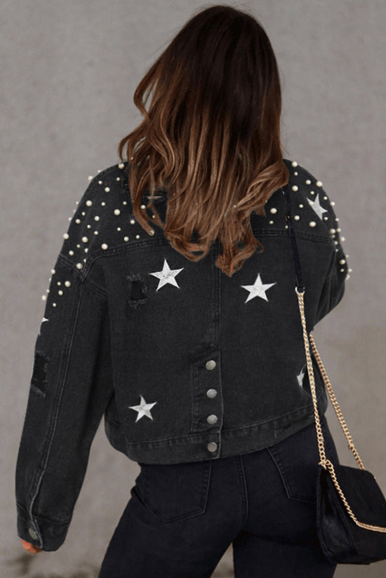 Veste en jean courte noire effet vieilli avec perles et étoiles