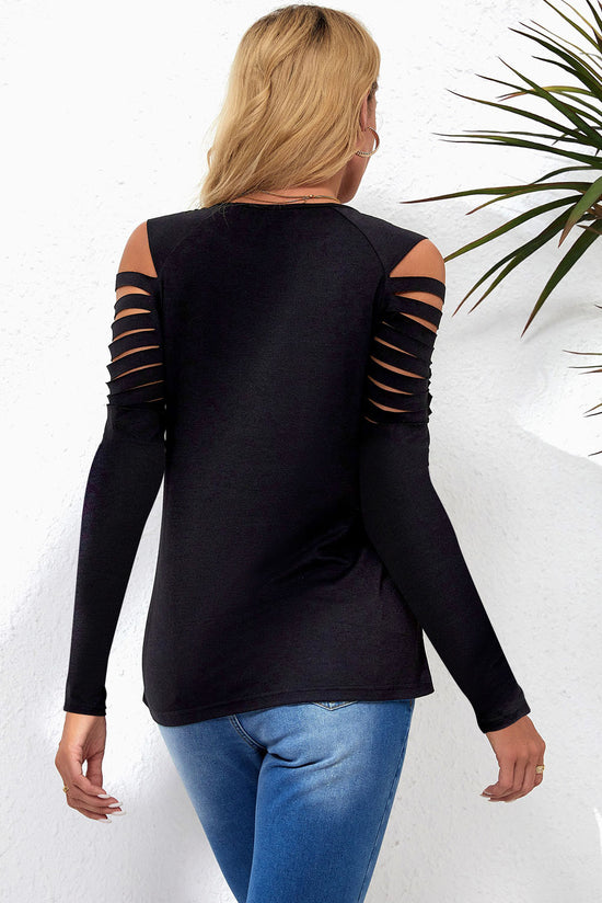 Black Ripped Long Sleeve Top with Mesh Patch