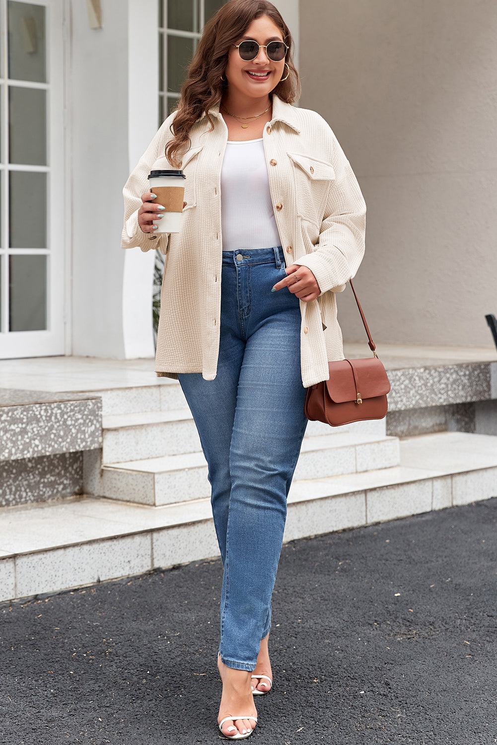 Plus Size Oatmeal Textured Buttoned Flap Pocket Jacket