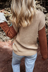 Khaki patchwork sweater in mixed textured knit color block