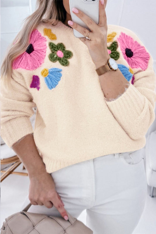 Pull Beige à Fleurs au Crochet de Grande Taille