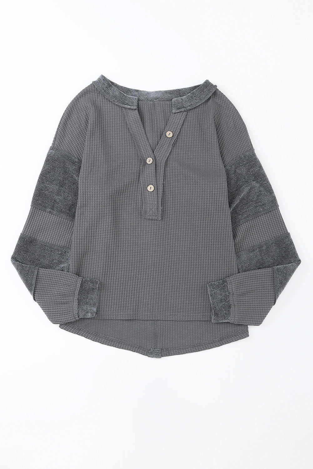 Gray Contrast Patched Exposed Seam Waffle Knit Henley Top