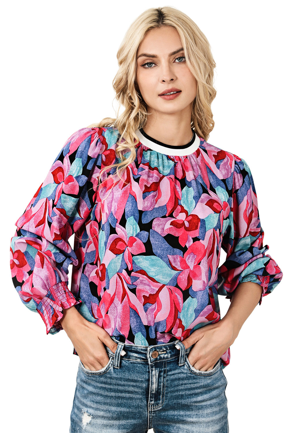 Multicolor Floral Print Ruched Sleeve Puff Sleeve Blouse