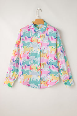 Long sleeve buttoned shirt printed with white colored horse printed