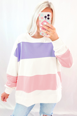 Sudadera beige con cuello redondo y hombros que caen en bloque de color de retazos