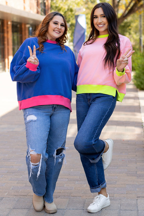 Pink bubble sleeve color block sweatshirt