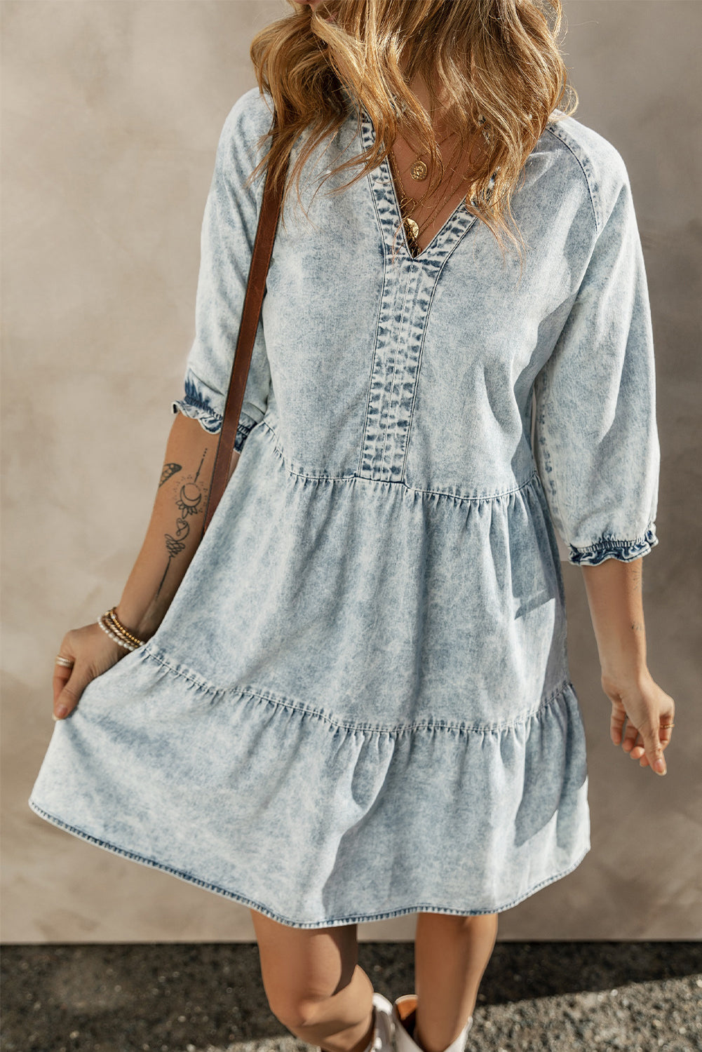 Dusk Blue Acid Wash Retro Robe en jean évasé à manches demi-manches