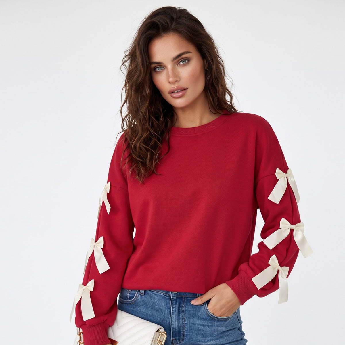 Sweat-shirt rouge vif à col rond et manches tombées