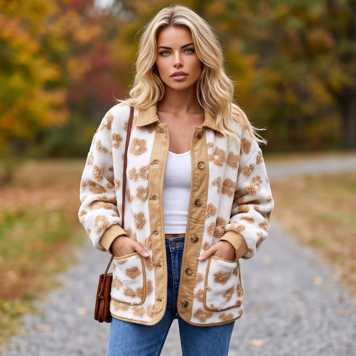 Fleece jacket buttoned with cute light beige light flowers light