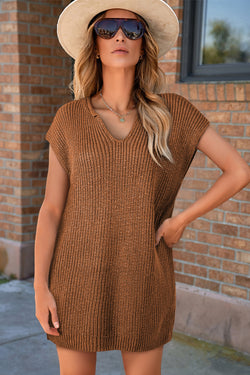 Short -sleeved camel dressing dress and plain -colored V -neck collar