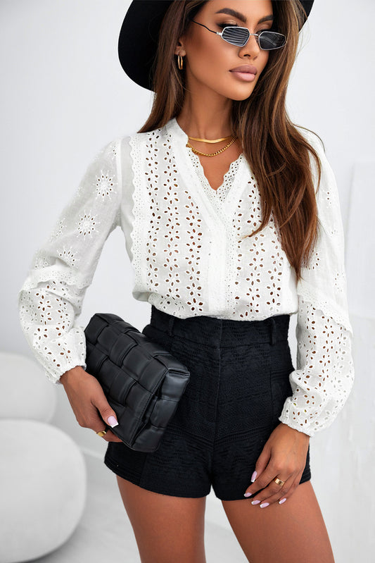 Blouse de cou à manches bouffantes en dentelle blanche