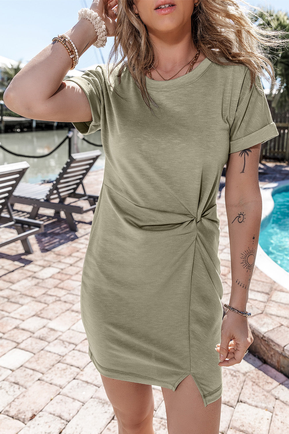 Laurel Green - Twisted Foldover Sleeve Mini T-Shirt Dress