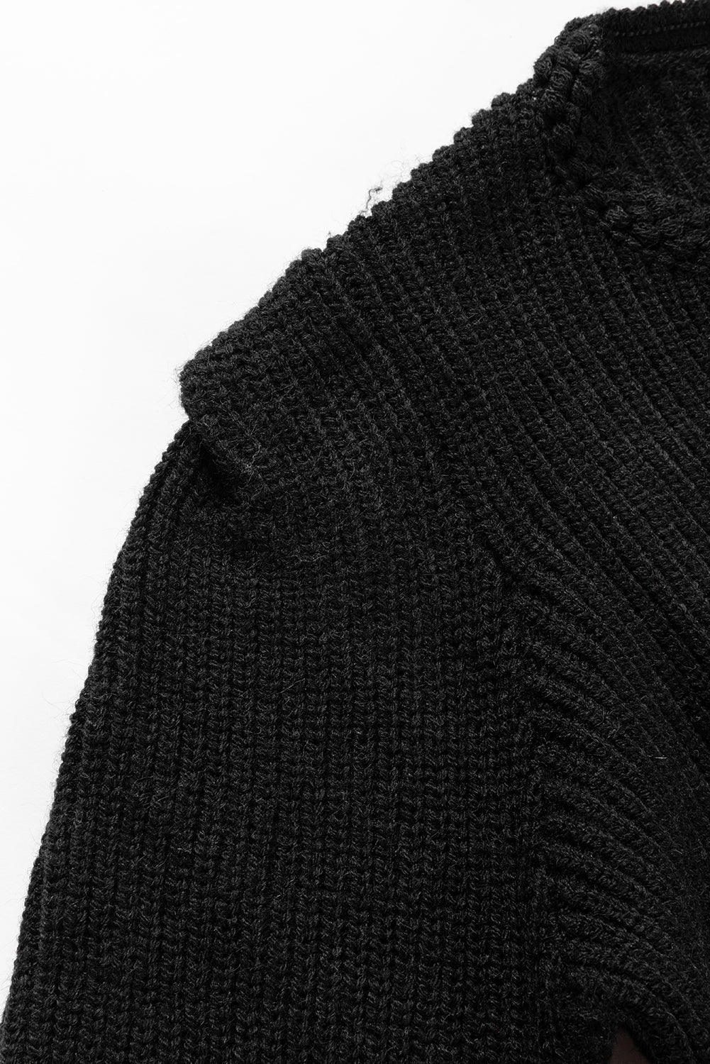 Black Braided Notched V Neckline Puff Sleeve Knitted Sweater