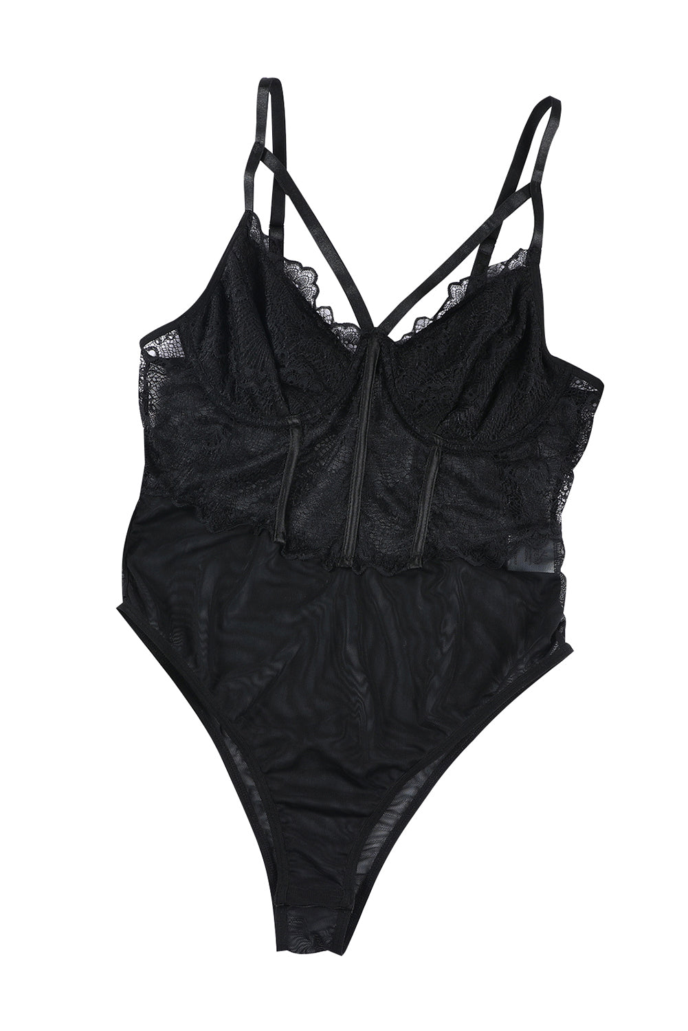 Correos de espagueti negro Bodysuit de panel de encaje