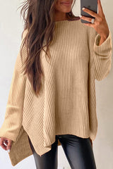 Pull ample en tricot torsadé abricot avec épaules tombantes et fentes latérales